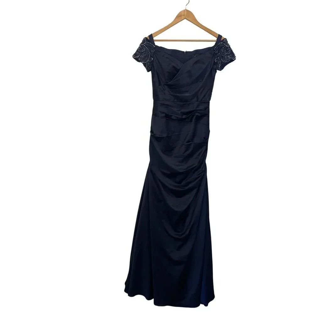 NWT La Femme Off the Shoulder Beaded Satin Trumpet Gown In Navy Size  Women's Si